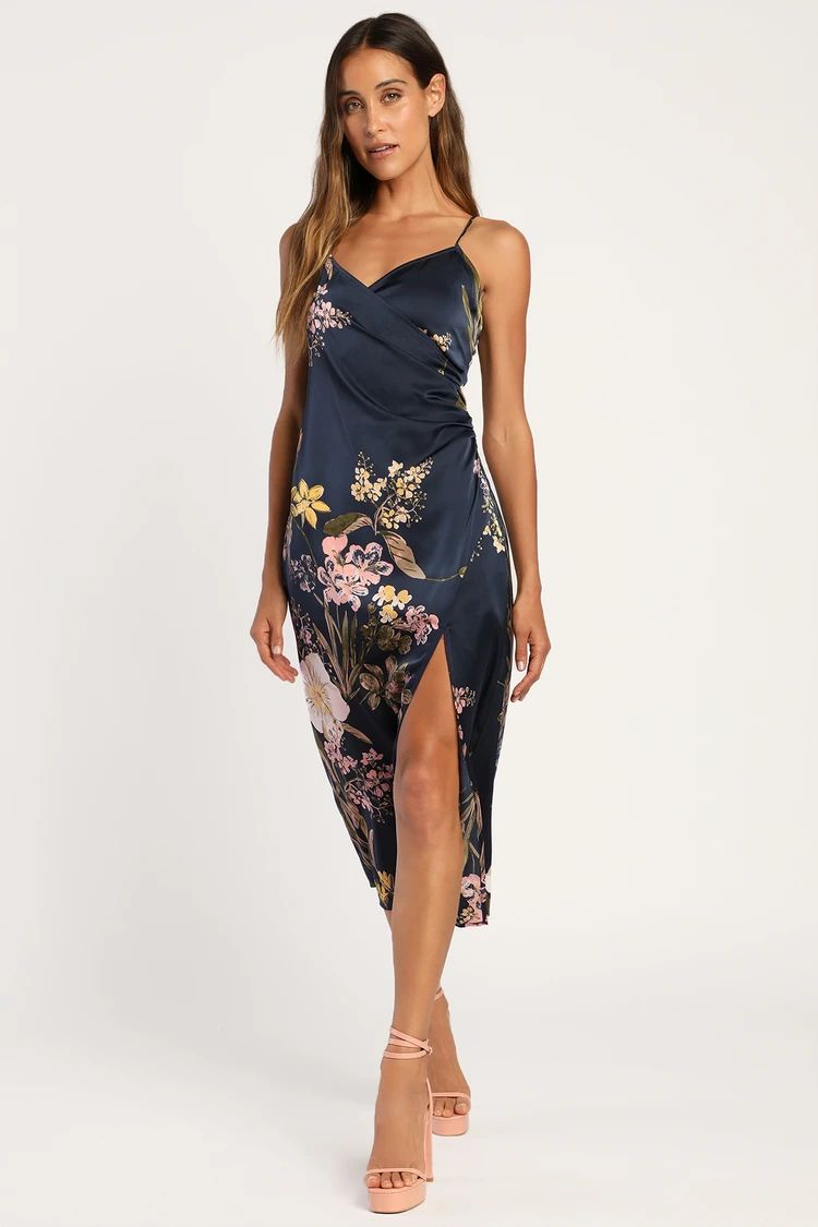 Remarkable Entrance Navy Blue Floral Print Satin Midi Dress | Lulus (US)