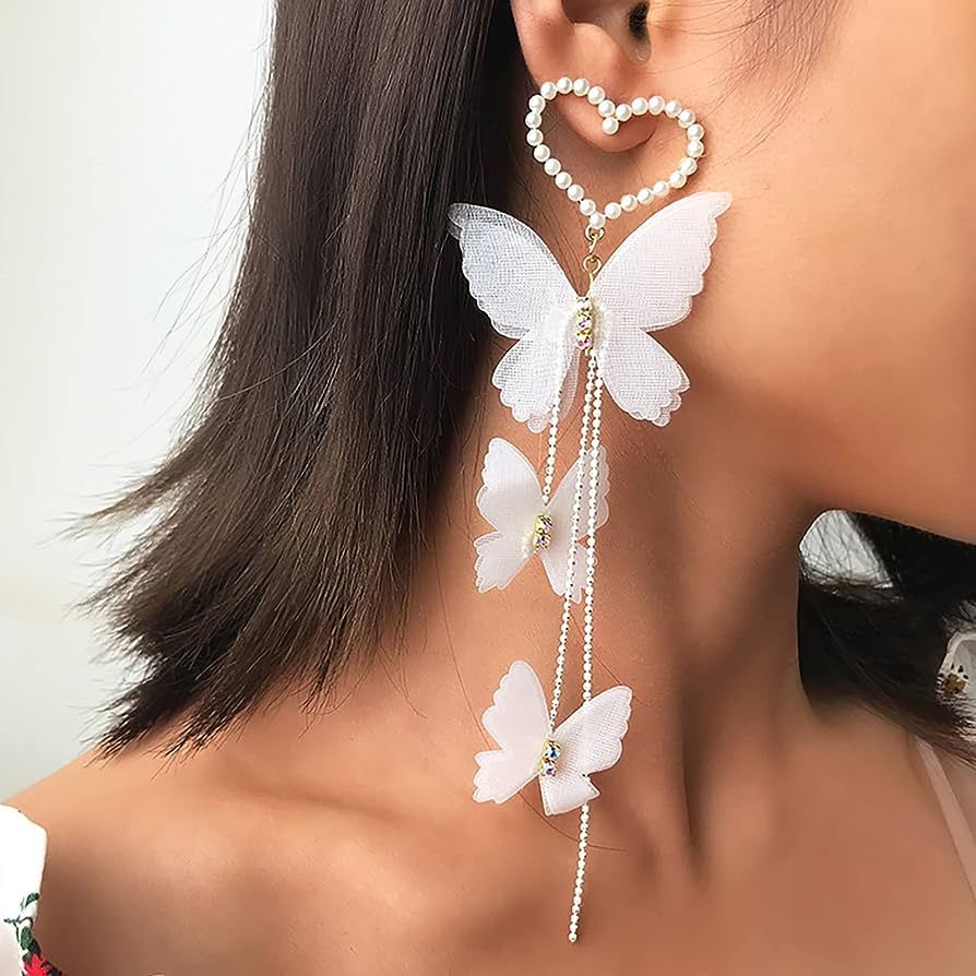 BUAJIUBUA White Butterfly Beaded Heart Nickel Earrings for Women Girls Dangle Drop Earrings Cute ... | Amazon (US)