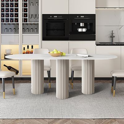 55.1" Modern Oval Sintered Stone Top Dining Table 3 Legs in White-Homary | Homary