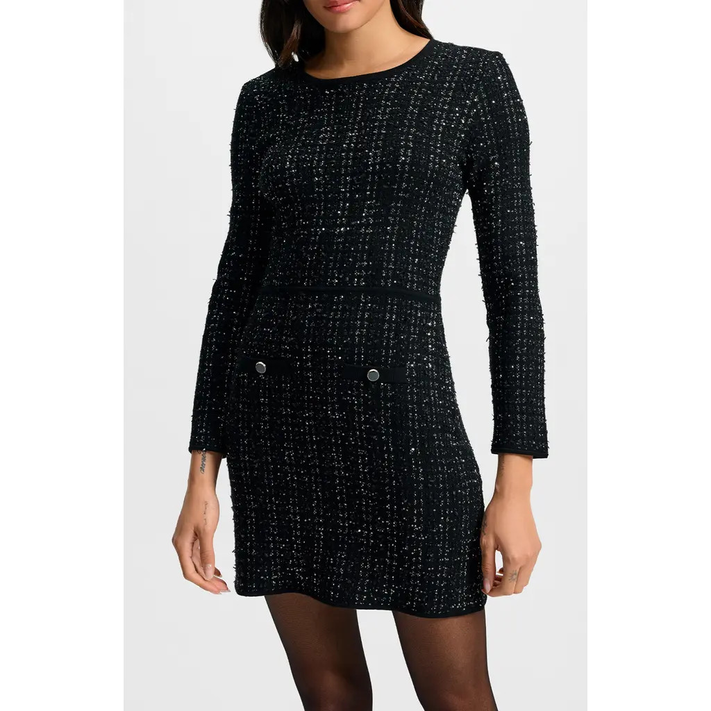Veronica Beard Channing Long Sleeve Sequin & Tweed Minidress in Black at Nordstrom, Size Medium | Nordstrom