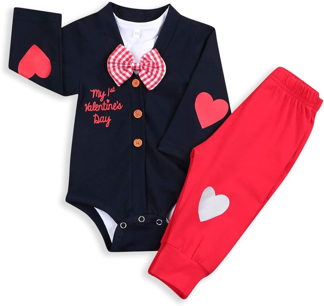 Baby Boys My First Valentine's Day Outfit Infant Boy Bow Tie Bodysuit Romper + Heart Pants Clothes 3 | Amazon (US)