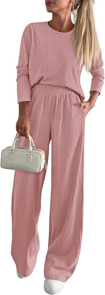 KIRUNDO Fall 2 Piece Lounge Sets for Women Long Sleeve Ribbed Knit Tops Wide Leg Pants Matching T... | Amazon (US)