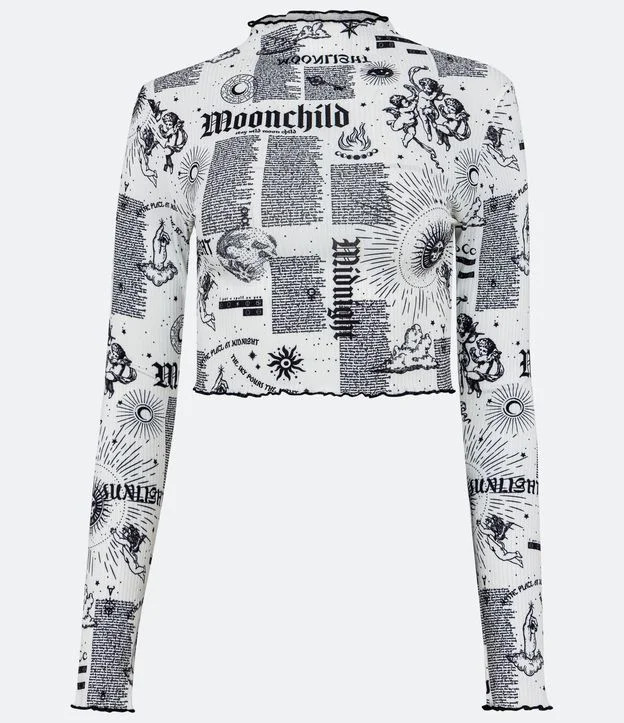 Blusa Cropped em Ribana Estampa Mística com Ícones e Escritas Branco - Lojas Renner | Renner (BR)