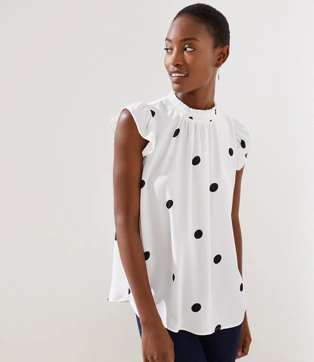 Dotted Smocked Neck Flutter Shell | LOFT