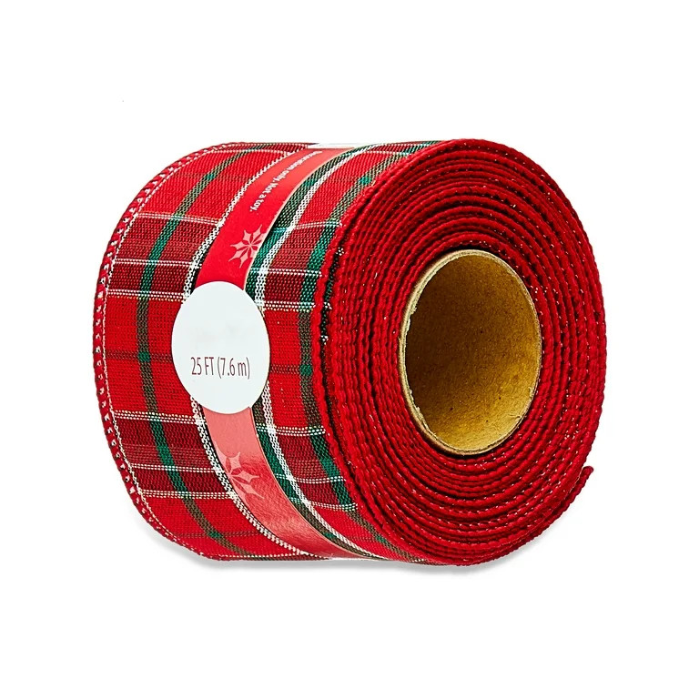 Red Tartan Plaid Polyester Christmas Ribbon, 25 ft, by Holiday Time | Walmart (US)