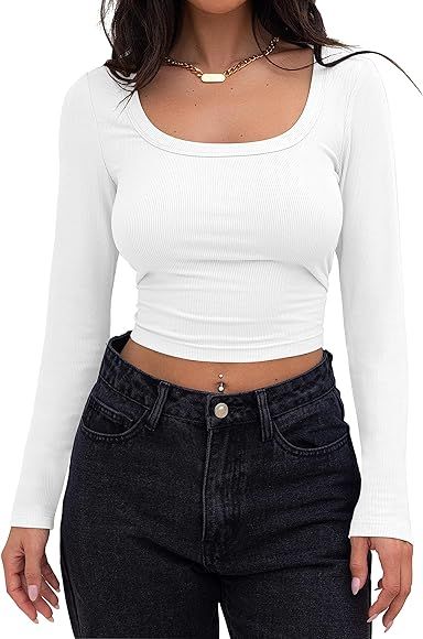 MEROKEETY Women's Long Sleeve Square Neck Crop Top Ribbed Slim Fitted Y2K Casual T-Shirt Tops | Amazon (US)