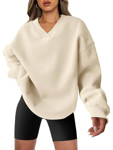 ANRABESS Womens Oversized V Neck Sweatshirt Fleece Long Sleeve Hoodies Pullover Comfy Top Outfits 2025 Teen Preppy Clothes Medium Beige | Amazon (US)