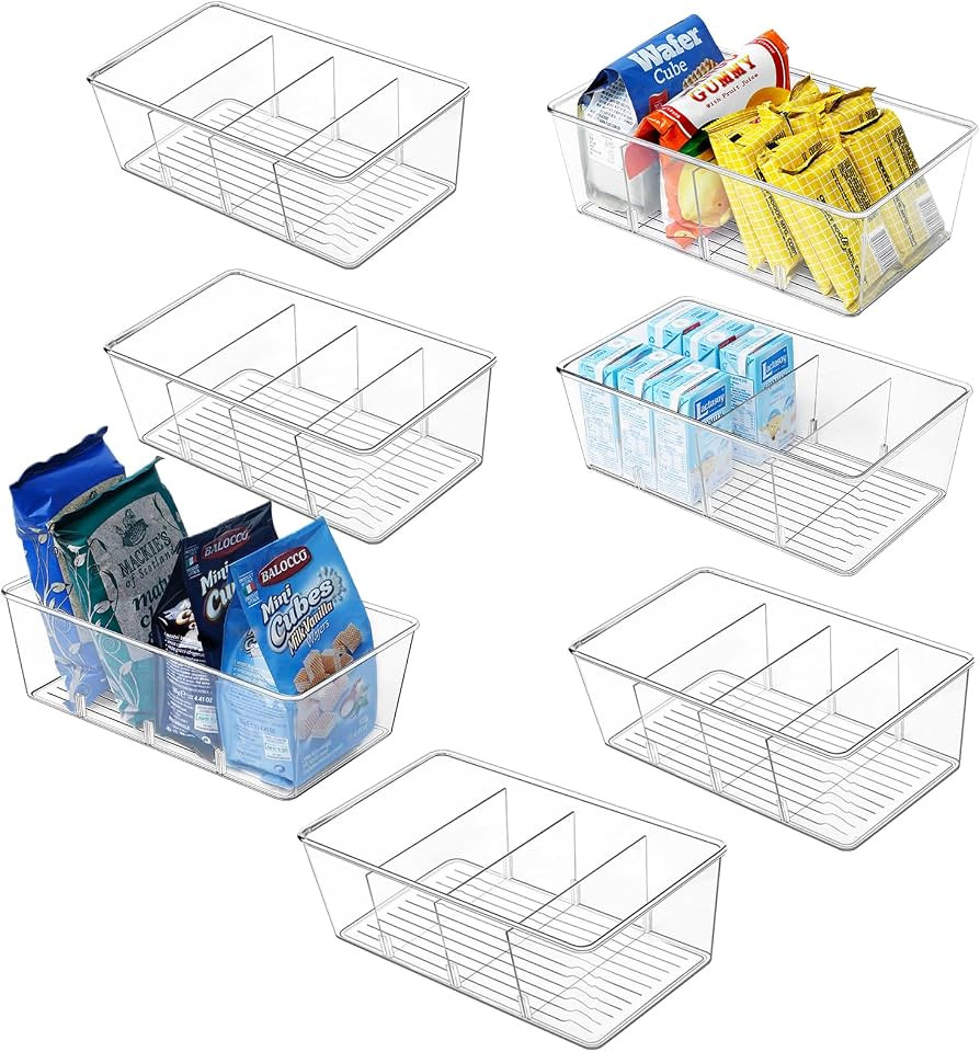 wilfox Pantry Organizer, 7 Pack Clear Organizer Bins with Removable Dividers, Pantry Organization... | Amazon (US)
