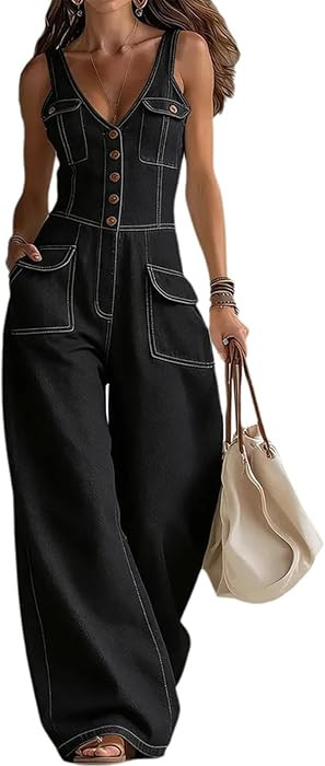 Denim Jumpsuit for Women Sexy Sleeveless V Neck Camisole Smocked Waist Wide Leg Jean Jumpsuit Lon... | Amazon (US)