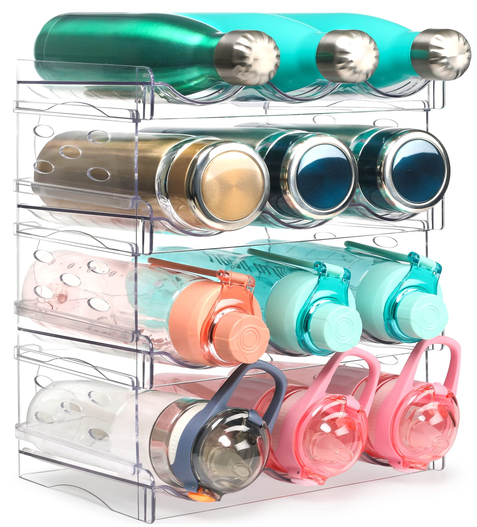 JUPELI Water Bottle Organizer, 4 Pack Stackable Cup Organizer For Cabinet, Plastic Tumbler Travel Mug Holder, Wine Drink Srack For Kitchen Countertop Freezer Pantry Organizers And Storage - Clear | Amazon (US)