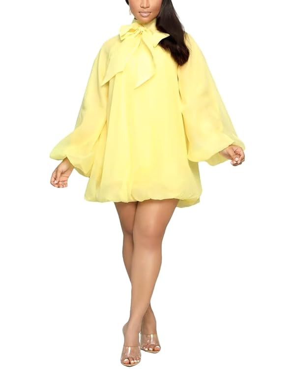Women's Puff Long Sleeve Sweetheart Round Neck Dress Flowy Loose Chiffon for Cocktail Party Mini ... | Amazon (US)