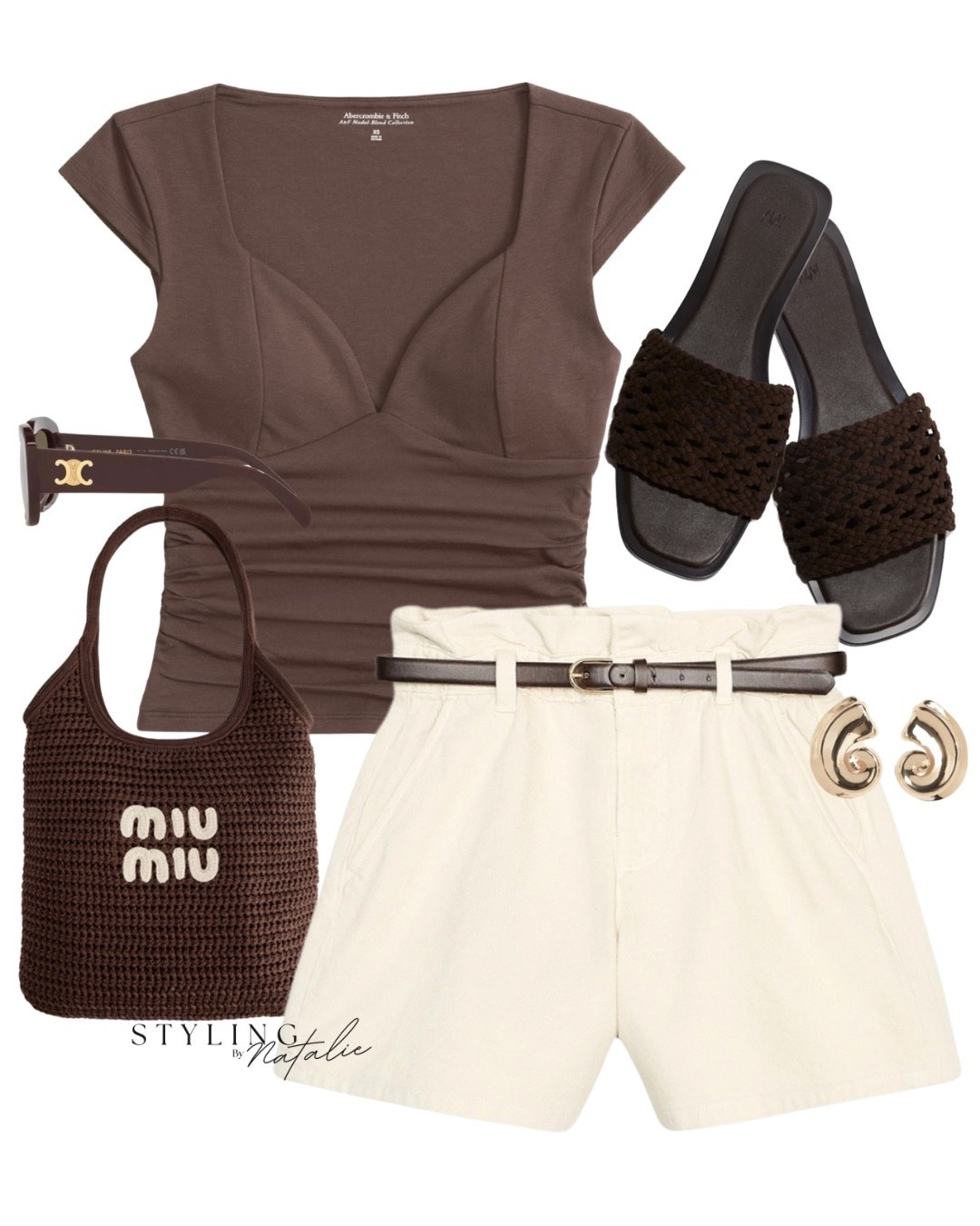 Chic heatwave outfit, belted Paperbag shorts, bra free brown v neck top, Miu Miu tote bag, Celine sunglasses and braided sandals. Brown outfit, neutral, summer outfit, warm weather outfit, casual chic, Zara.

#LTKsummer #LTKeurope #LTKuk