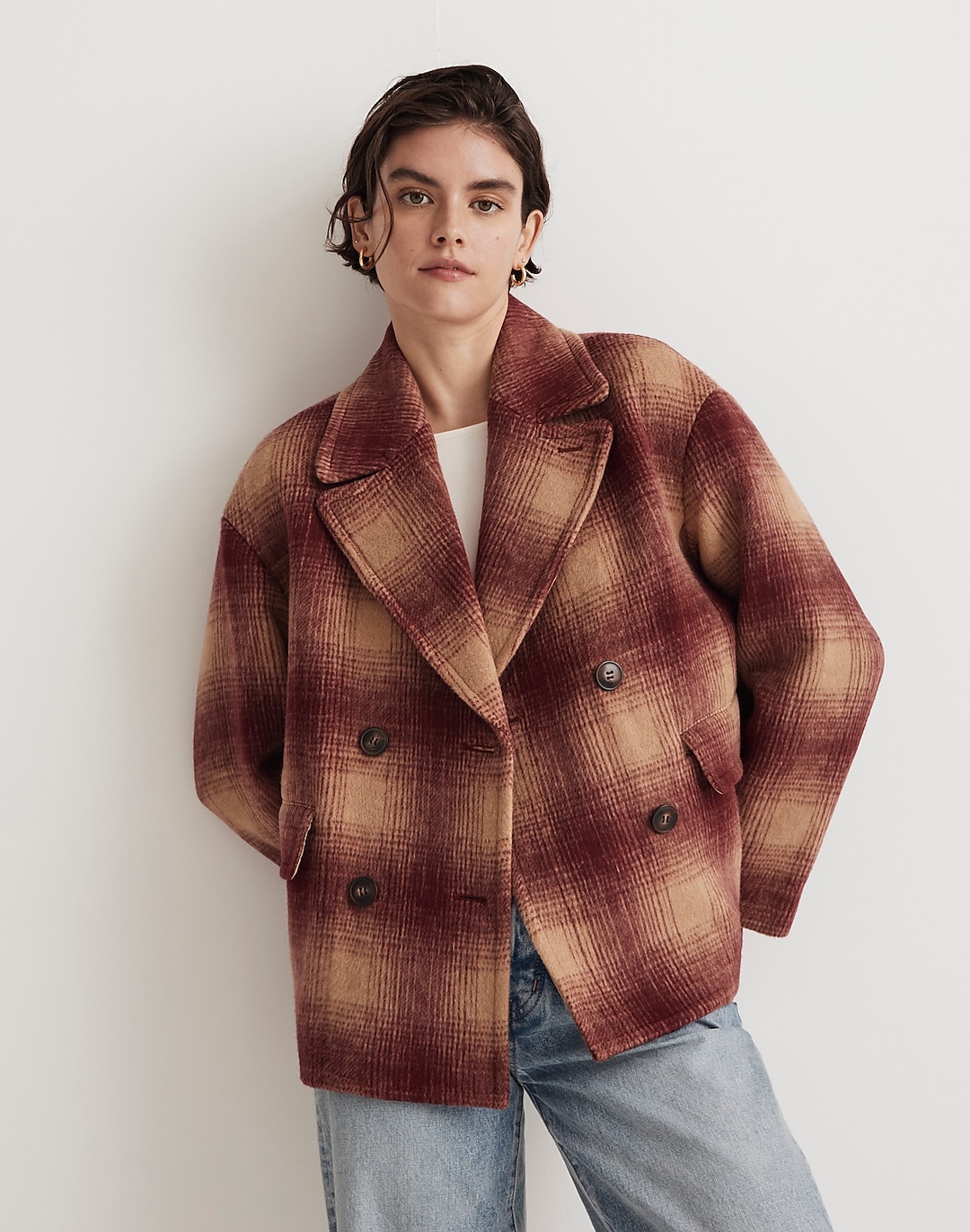 Brushed Double-Breasted Short Coat in Plaid | Madewell