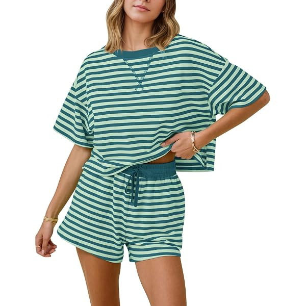 Ythomm Striped Pajamas Shorts Sets Women 2 Piece Lounge Outfits Short Sleeve Tees Drawstring Shor... | Amazon (US)