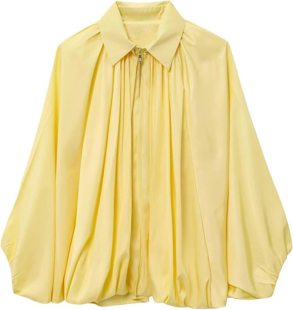 Women's Casual Bomber Jacket Oversized Long Sleeves Outwear with Front Zip Batwing Lapel Collar O... | Amazon (US)