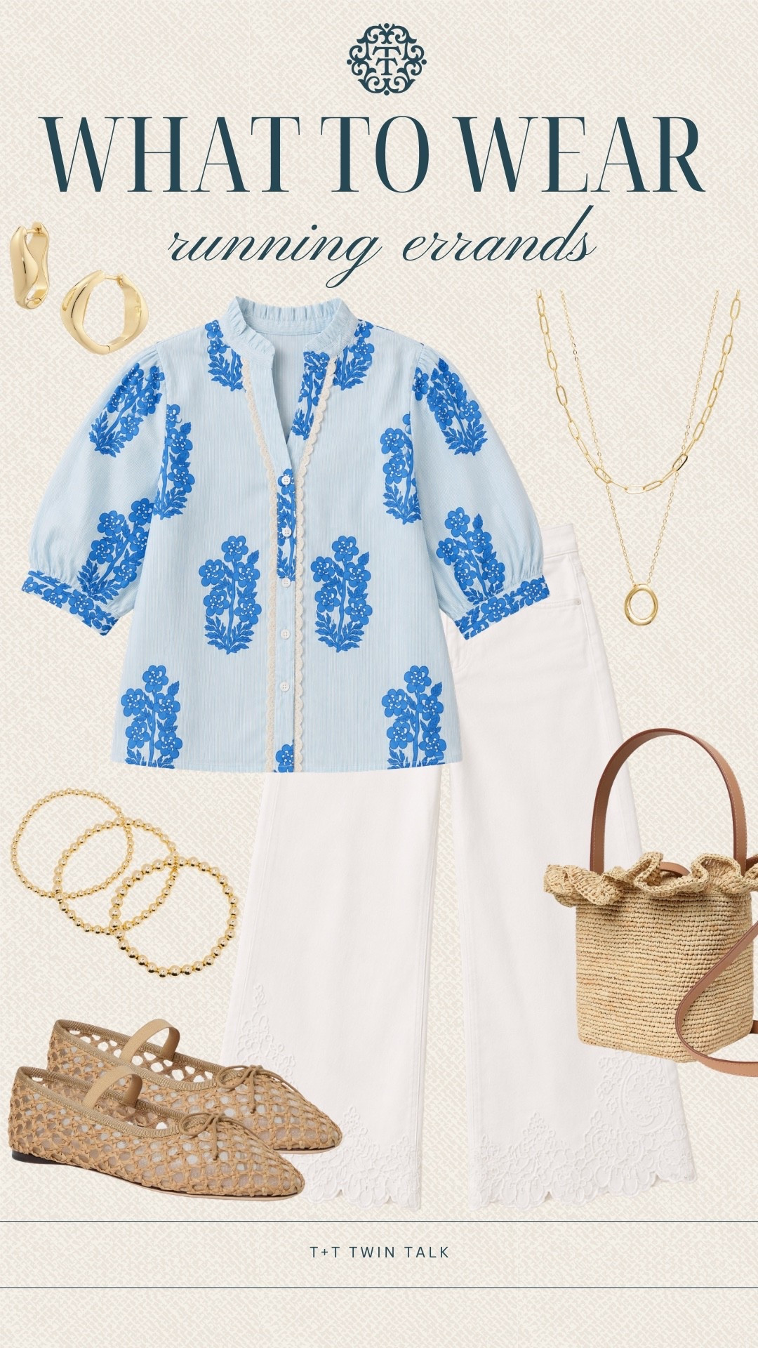 T+T, what to wear! This Social Threads top and white embroidered pants are a great combination for running errands while still looking put together. The woven flats and straw crossbody keep the outfit comfortable, and a few simple gold accessories finish it off without overdoing it.

#LTKOver40 #LTKSeasonal #LTKMidsize