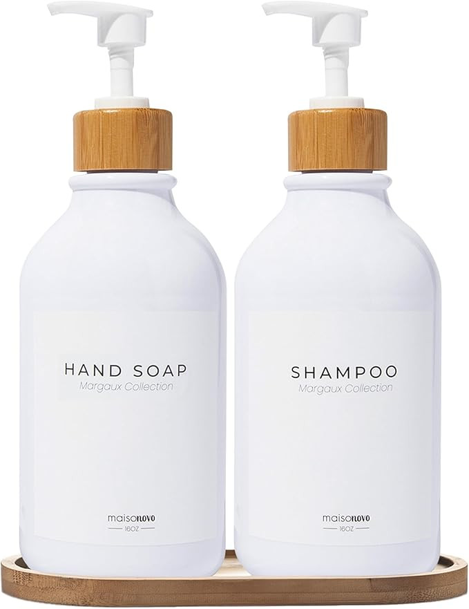 MaisoNovo Kitchen Soap Dispenser Set with Tray | Bamboo Plastic White Set x 2 | Amazon (US)