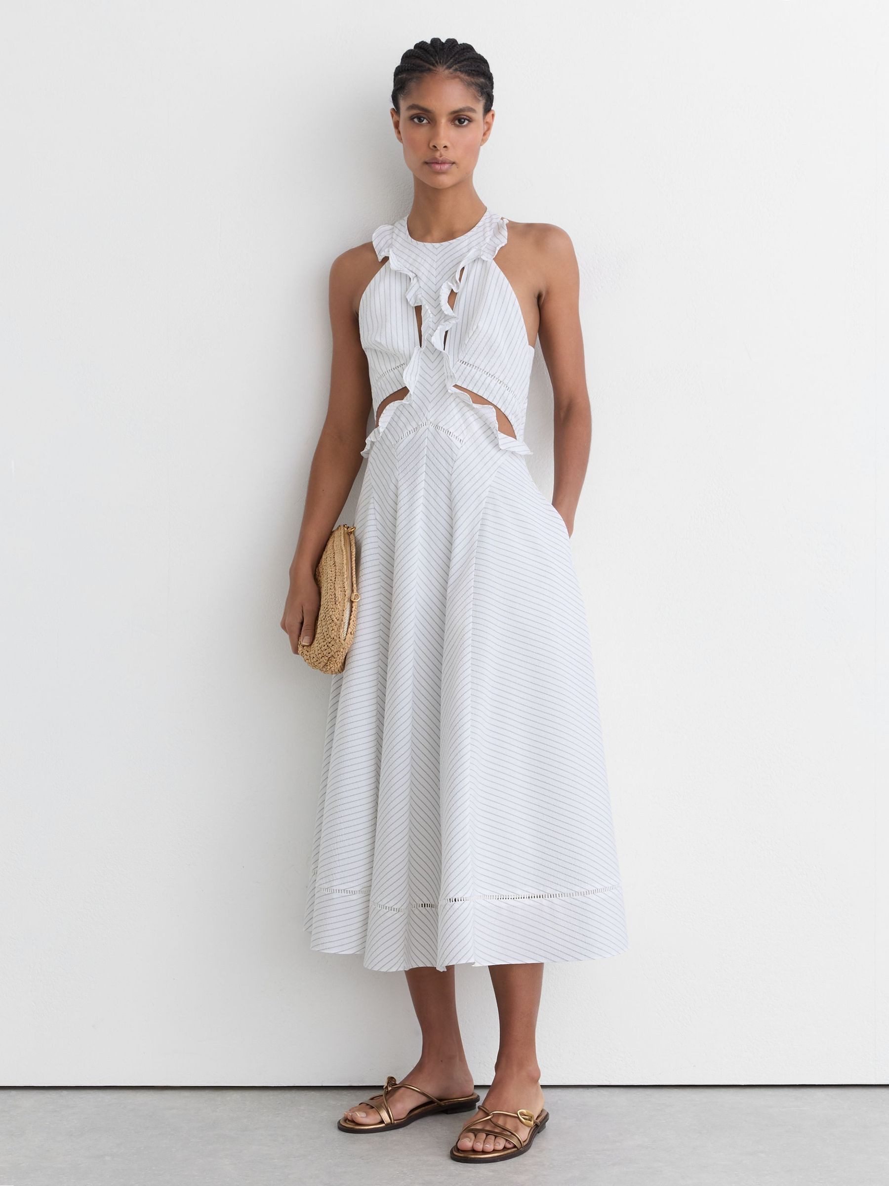 Striped Ruffle-Trim Midi Dress in White | Reiss UK