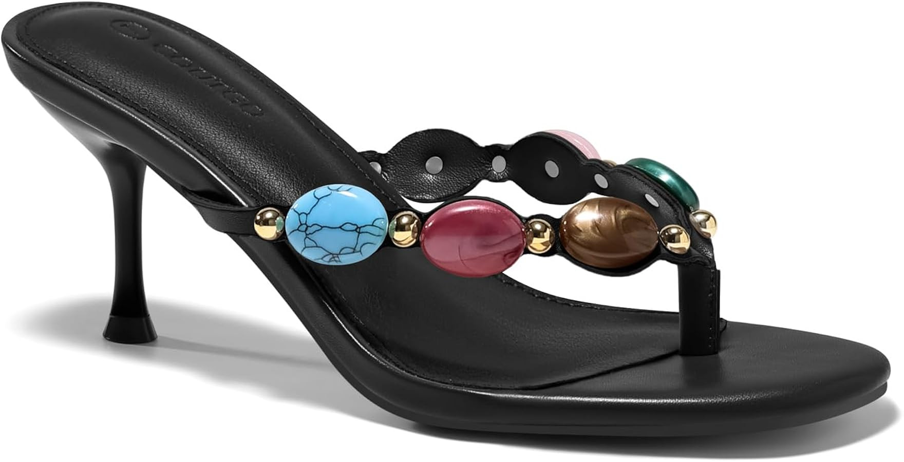 Coutgo Womens Jeweled Heeled Sandals Kitten Heel Starppy Flip Flop Backless Open Toe Slides Boho ... | Amazon (US)
