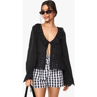 Ruffle Broderie Tie Detail Blouse, black | PrettyLittleThing US