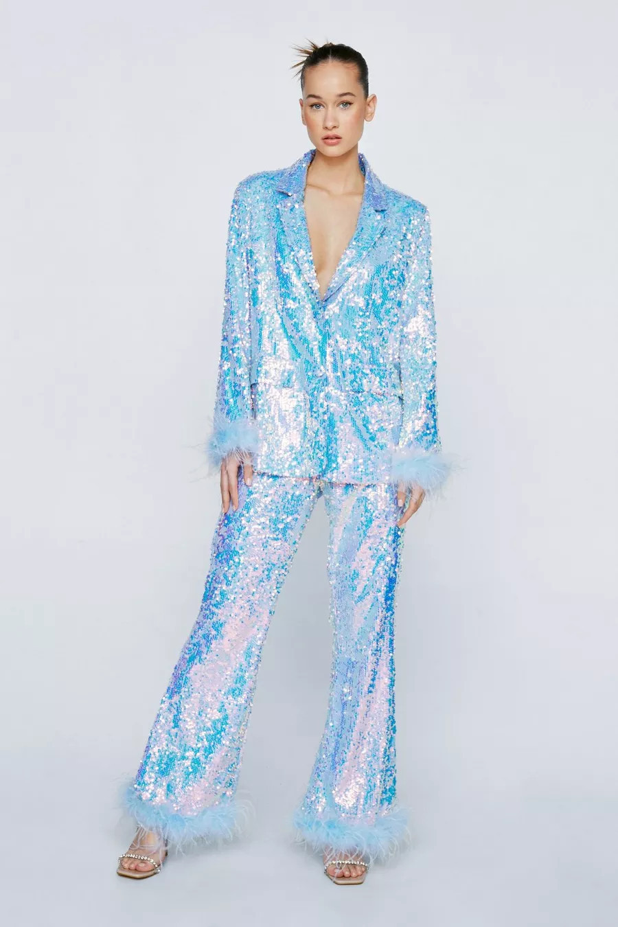 Petite Premium Sequin Feather Trim Flare Pants | Nasty Gal (US)