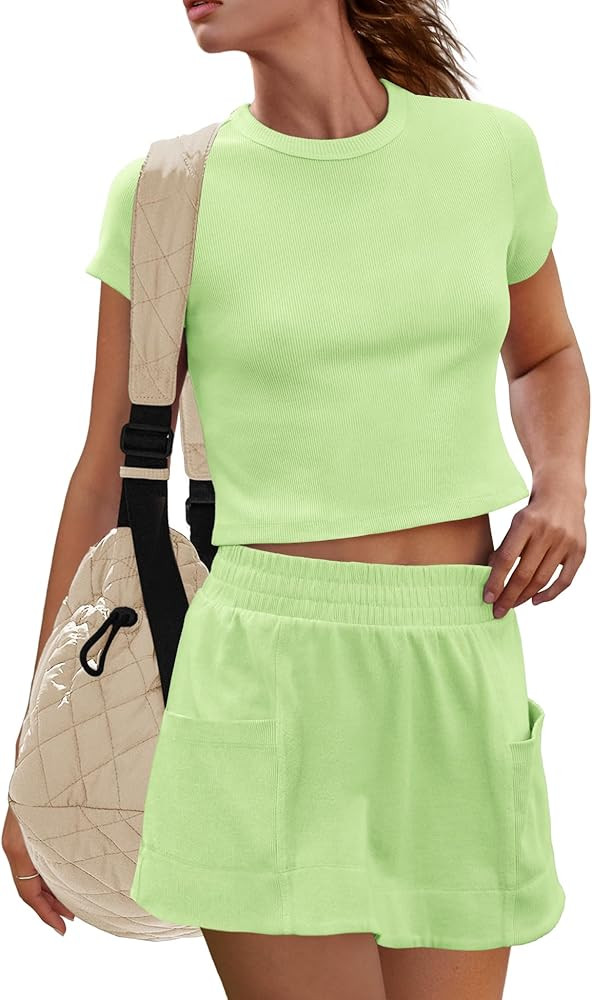 Panadila Womens Skort Sets 2 Piece Outfits Ribbed Short Sleeve Tops and Skirt with Shorts Underne... | Amazon (US)