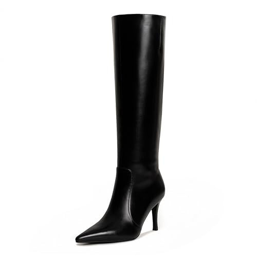 COMJUY Black Knee High Boots Women with 3.3in Stiletto High Heel, Black Tall Boots Dress Boots for Women with Side Zipper Pointed Toe, Below the Knee Long Boots Size 11 | Amazon (US)