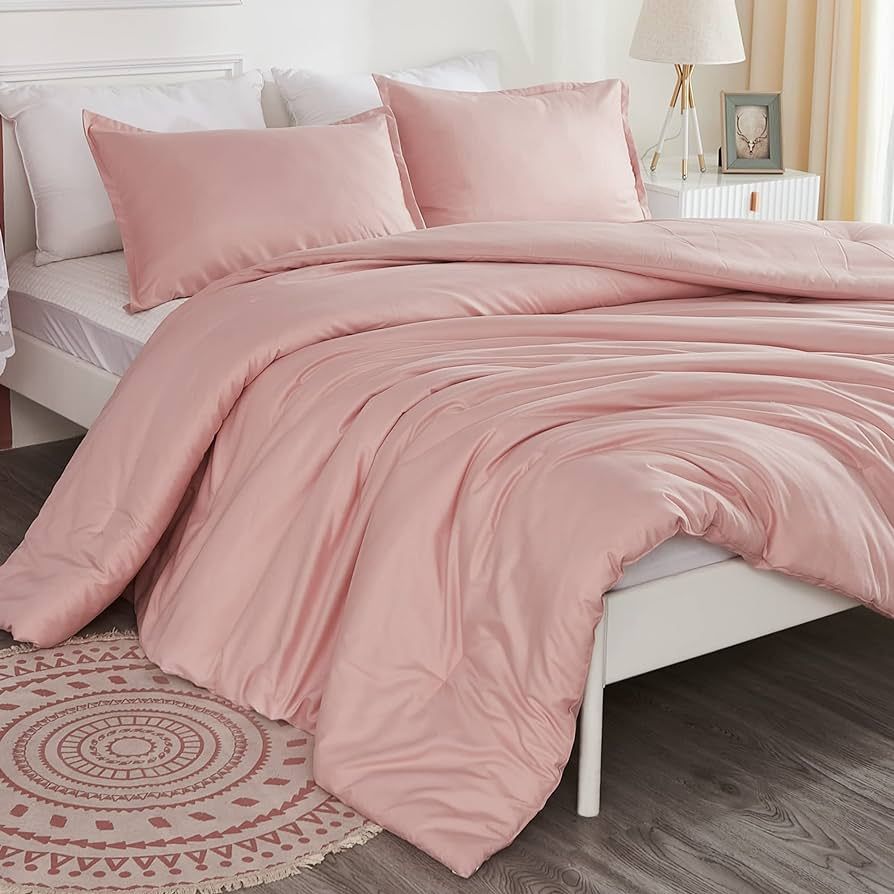 Litanika Pink Twin Comforter Set for Girls, 2 Pieces Kids Blush Plain Bedding Set & Collections, ... | Amazon (US)