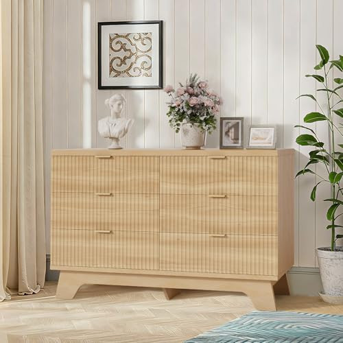 Garvee 6 Drawer Dresser for Bedroom, 47" Wide Mid Century Modern Dresser with Gold Handle, Fluted Dressers Chest of Drawers, TV Stand,Storage Organizer for Living Room,Hallway,Entryway,Oak | Amazon (US)