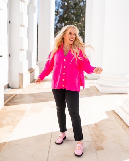 Hot pink cardigan size XS. Tuckernuck. Spring cardigan. Black high waisted cropped jeans. Pink Gucci loafers. Valentine’s Day outfit. Pink sweater 

#LTKshoecrush #LTKstyletip #LTKSeasonal