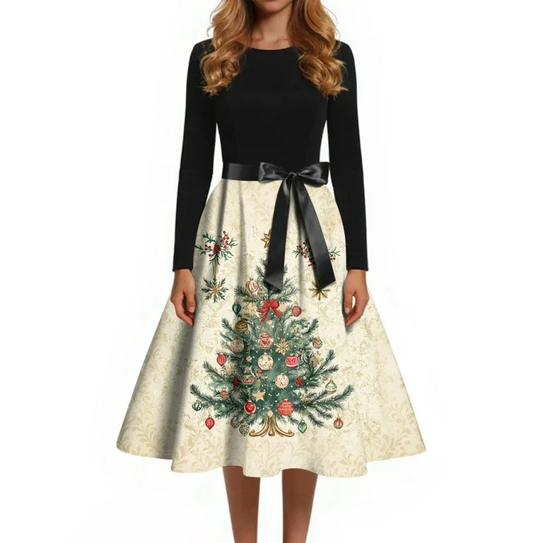 Women's Christmas Print Flare Dress with Snowflake, Christmas Tree and Snowman Pattern, Long Slee... | Walmart (US)