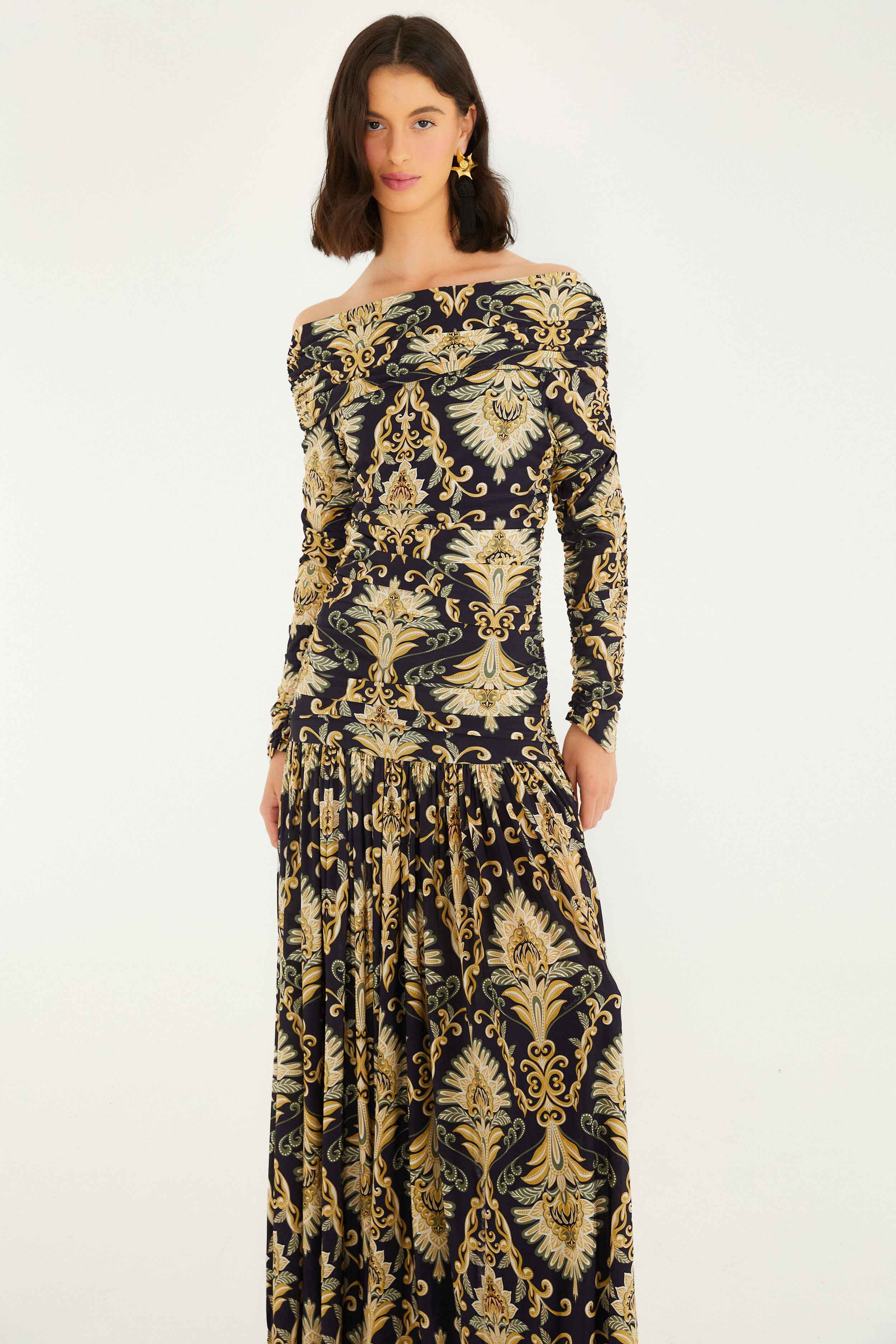 Navy Blue Wonderful Arabesque Off-Shoulder Maxi Dress | FARM Rio | FarmRio (US)