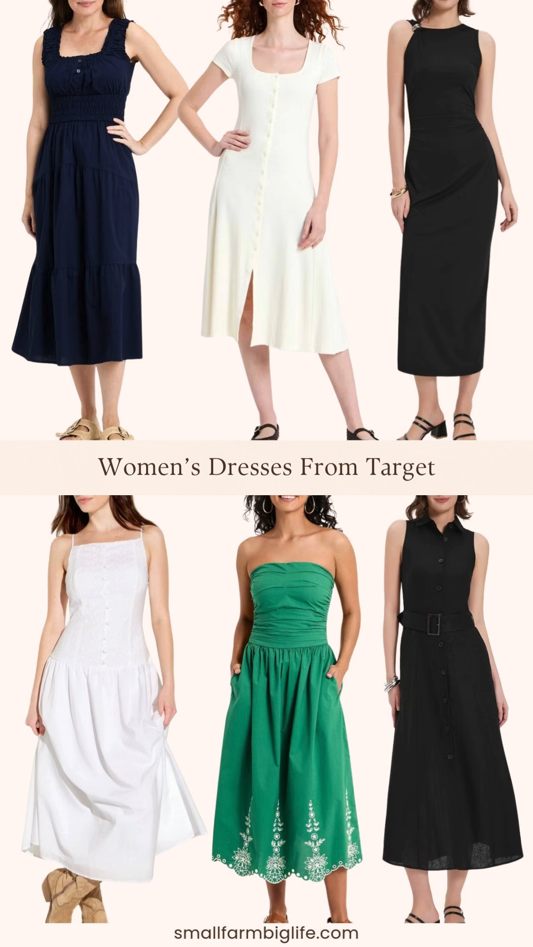 These women’s dresses from Target are such good finds for spring and summer. From easy midi sundresses and a classic black knit maxi to a button front shirtdress and a pretty smocked maxi, these are the kinds of dresses you can wear all season long. Simple, comfortable pieces that are perfect for everyday outfits, travel, or warm weather days. 

 #LTKgrwm #LTKootd #LTKOver40