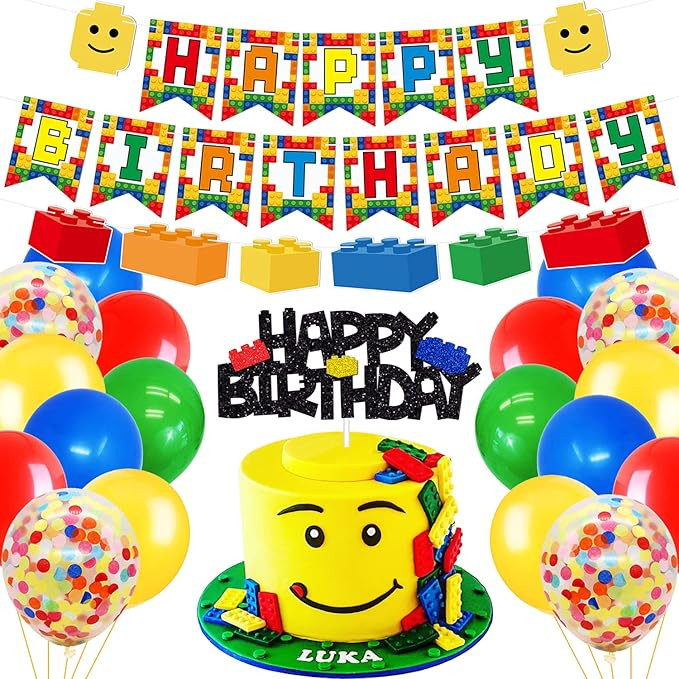 Building Blocks Themed Birthday Party Decorations Pack - Includes Glitter Cake Topper Banners and... | Amazon (US)