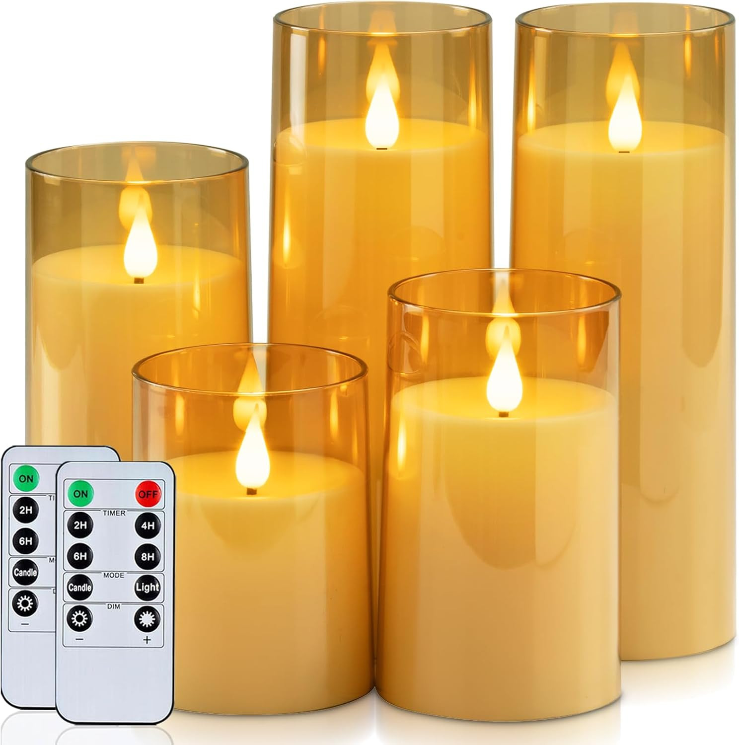Homemory Amber Flickering Flameless Candles, Battery Operated Acrylic LED Pillar Candles with Remote Control and Timer, Fall Candles, Set of 5 | Amazon (US)