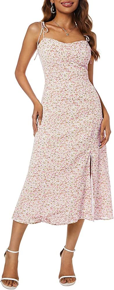 Women's Spaghetti Sleeveless Tie Shoulder Floral Print Strappy Sundress Casual Midi Dress | Amazon (US)