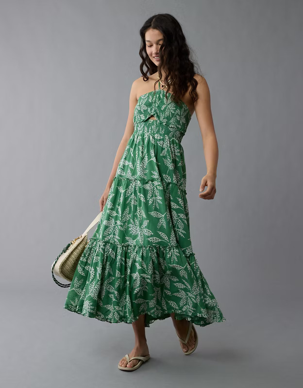 AE Halter Cut-Out Smocked Midi Dress | American Eagle Outfitters (US & CA)