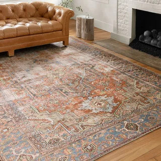 Alexander Home Tremezzina Printed Boho Terracotta Sky Distressed Rug (7'6" x 9'6" - Terracotta/Sky) | Bed Bath & Beyond