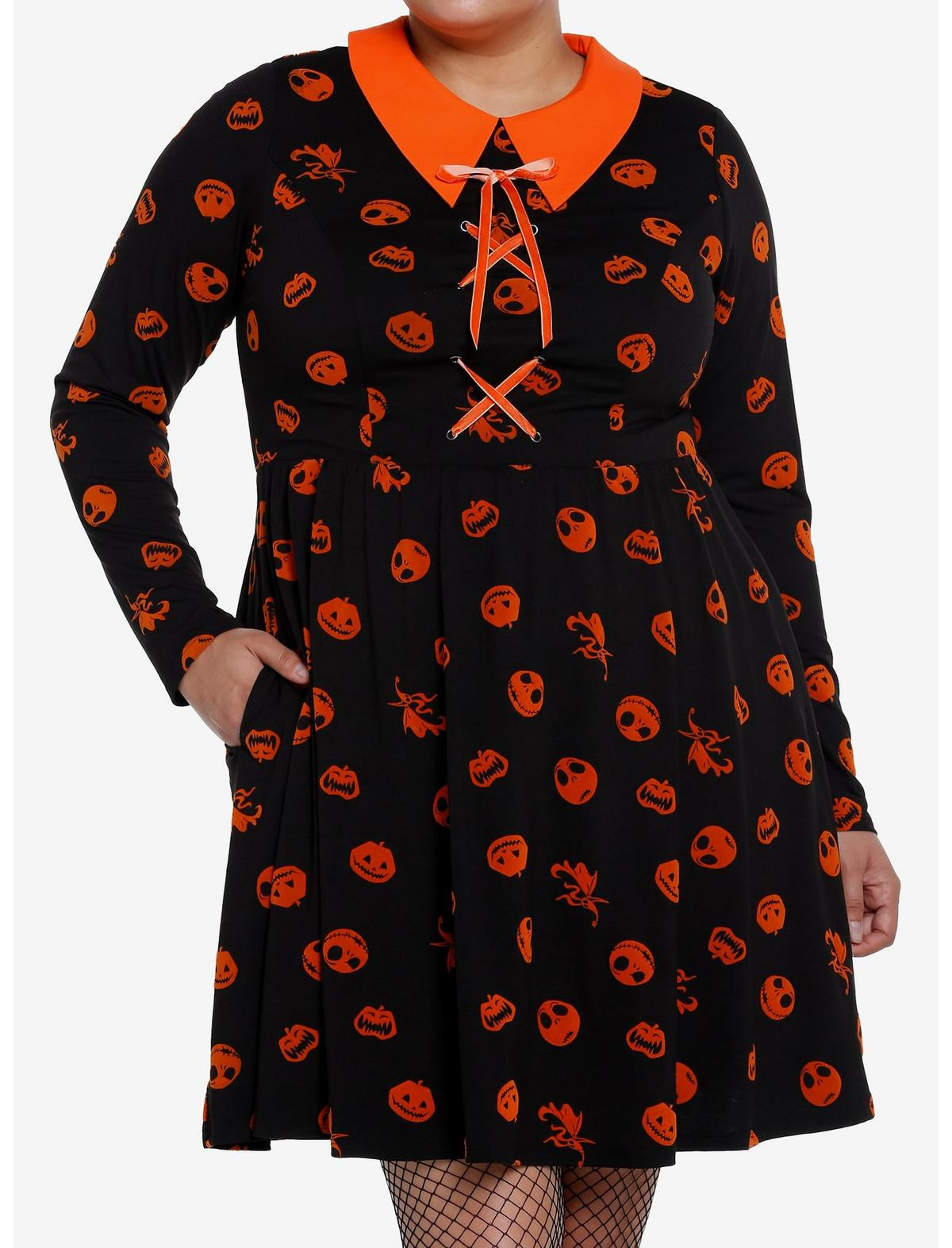 Her Universe The Nightmare Before Christmas Flocked Icons Long-Sleeve Dress Plus Size | Hot Topic | Hot Topic
