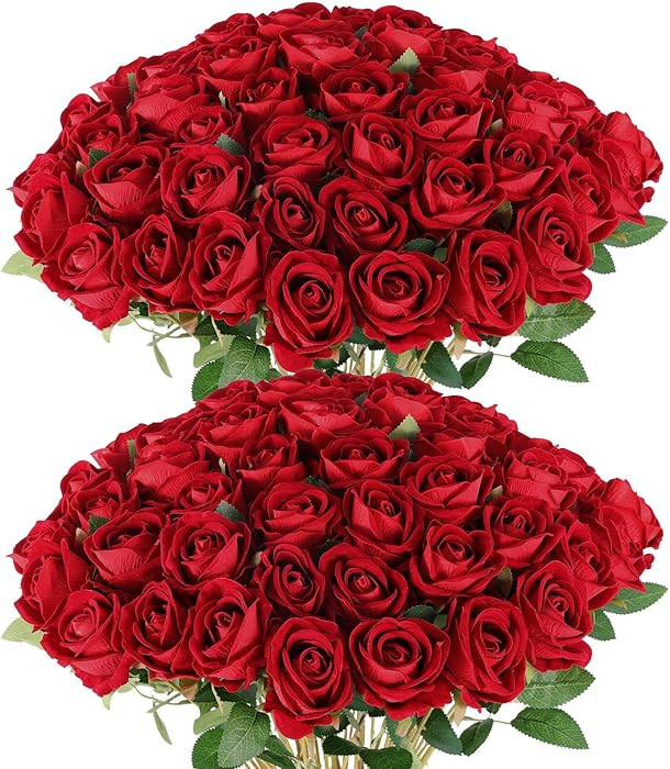 Hananona 50 Artificial Roses in Bulk, Fake Velvet Silk Burgundy Roses Realistic Red Roses for Wed... | Amazon (US)