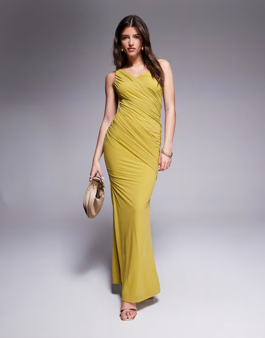 ASOS DESIGN stretch chiffon knot drape maxi dress in chartreuse-Yellow | ASOS (Global)