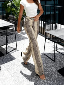 Women's Comfortable Stretch Floral Print Straight-Leg Casual Pants, Snake And Crocodile Print Wid... | SHEIN