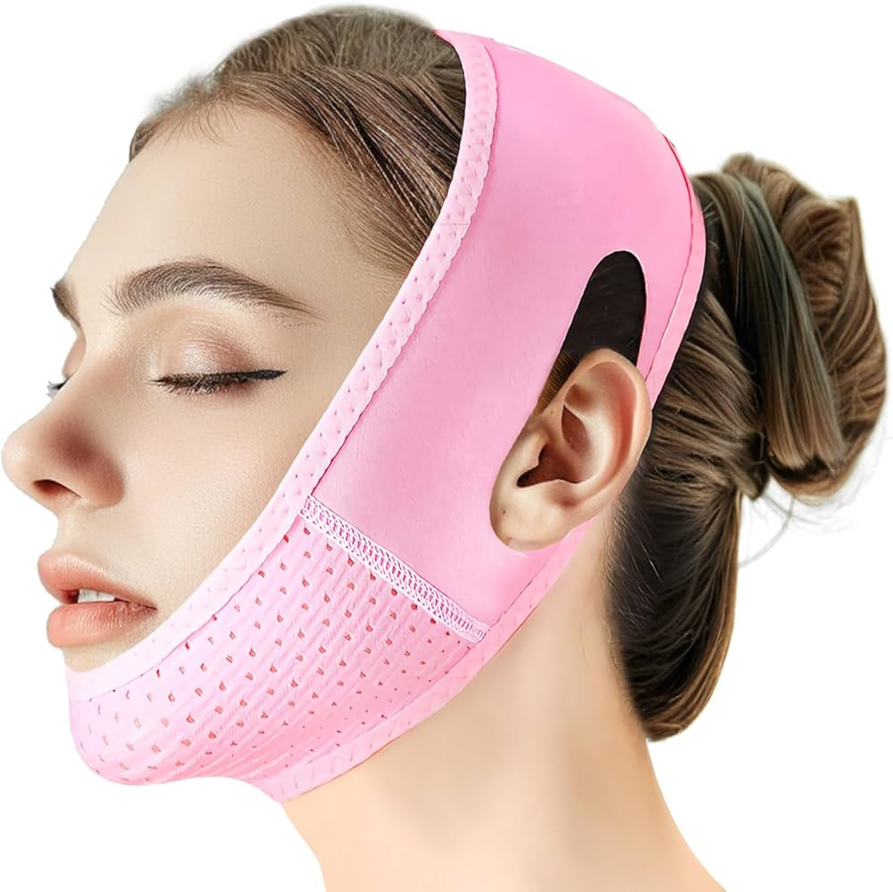 Reusable V Line Lifting Mask with Chin Strap, V Shaped Face Mask for Sagging, Jaw Exerciser (Pink... | Amazon (US)