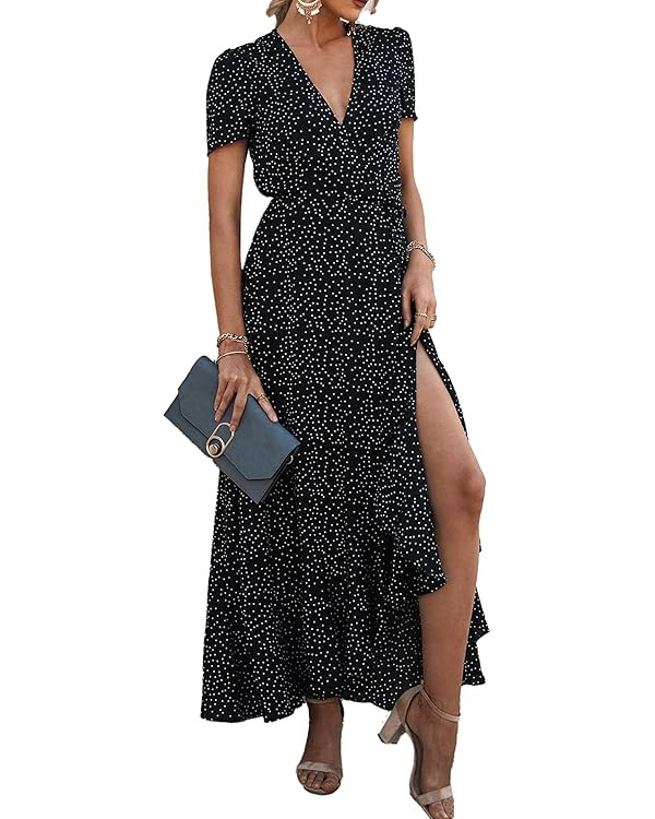 PRETTYGARDEN Womens Summer Wrap Maxi Dress Casual Boho Floral V Neck Short Sleeve Ruffle Hem Spli... | Amazon (US)