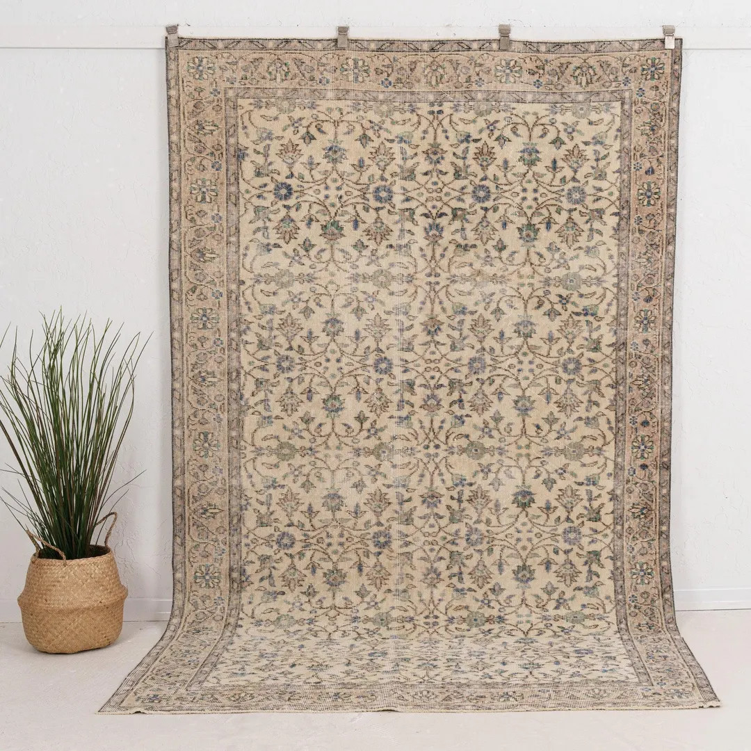 Vintage Turkish Area Rug – 5’ 7” X 8’ 10” – Ash Brown & Cream Tones – 1970s Geometr... | Etsy (US)