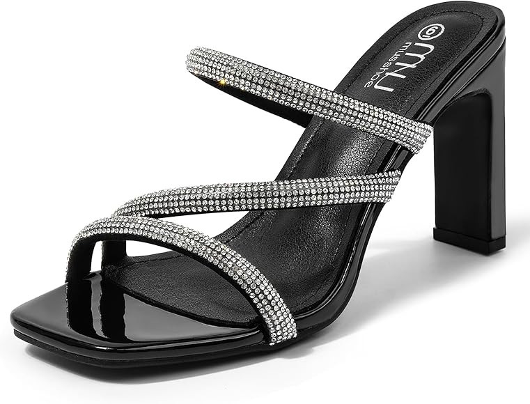 High Heels Sandals for Women Rhinestone Open Toe Slip On with Strappy Strap Dressy Sparkly Heel B... | Amazon (US)