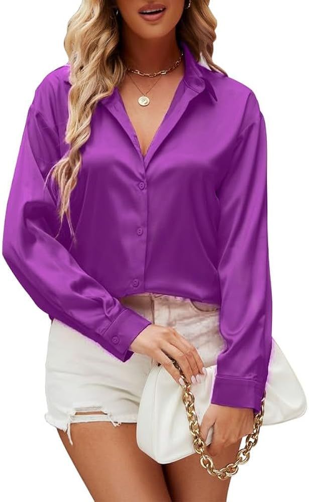 Damipow Satin Silk Button Down Shirts for Women Dress Shirts Long Sleeve Blouses Womens Shirts | Amazon (US)