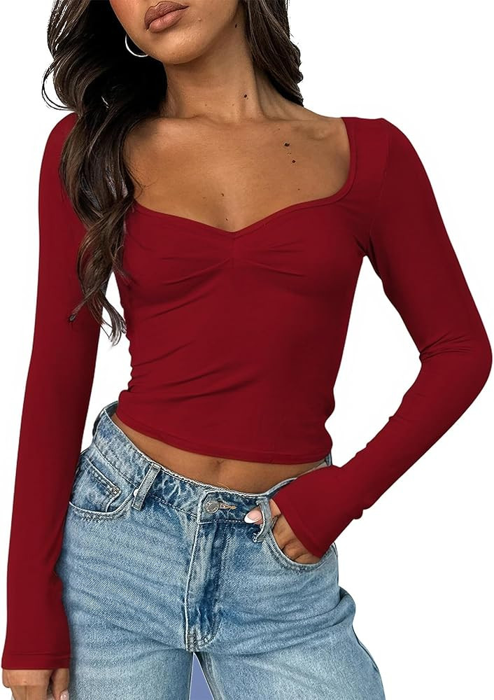 ForeFair Women's Sexy Long Sleeve Going Out Tops Pleated Bustier Shirt Cute Sweetheart Neck Y2K C... | Amazon (US)