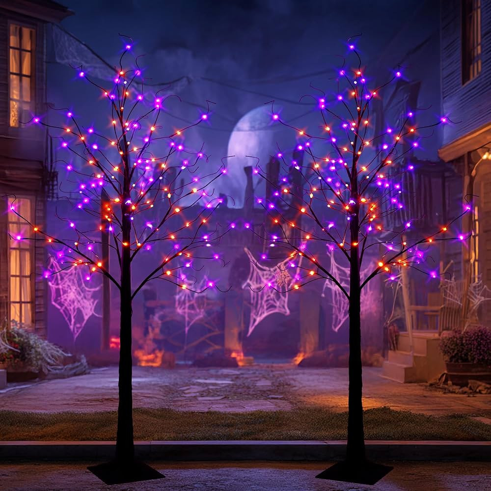 TW SHINE 2 Pack 6FT Halloween Lighted Black Birch Tree, Total 288 LED Purple and Orange Lights Ar... | Amazon (US)