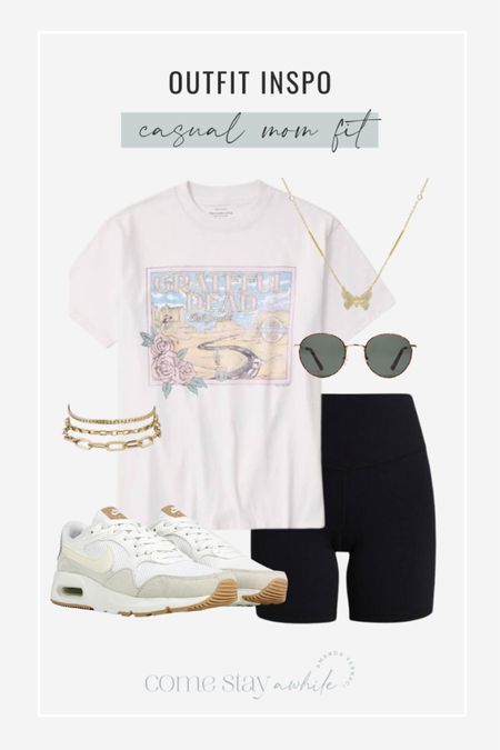 Casual mom fit for running errands! Oversized graphic tee with biker shorts and nike sneakers! Gold accessories 

#LTKunder50 #LTKunder100 #LTKstyletip